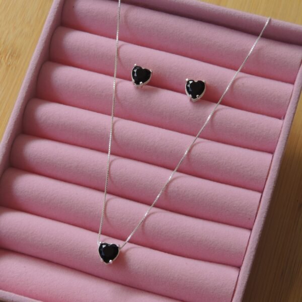 Conjunto Coração Zircônia Preto - Prata 925