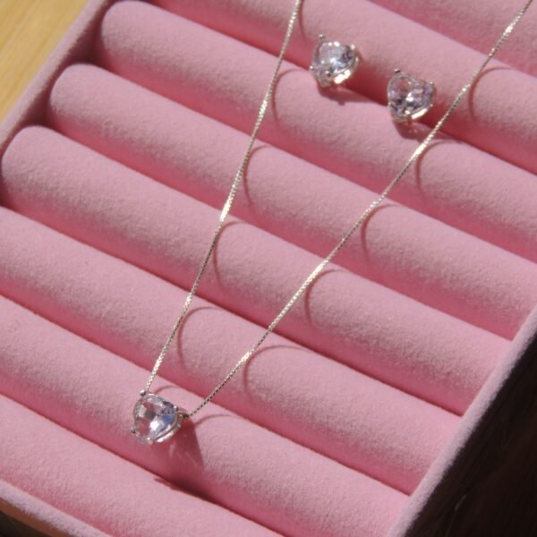 Conjunto Coração Zircônia Rosa - Prata 925